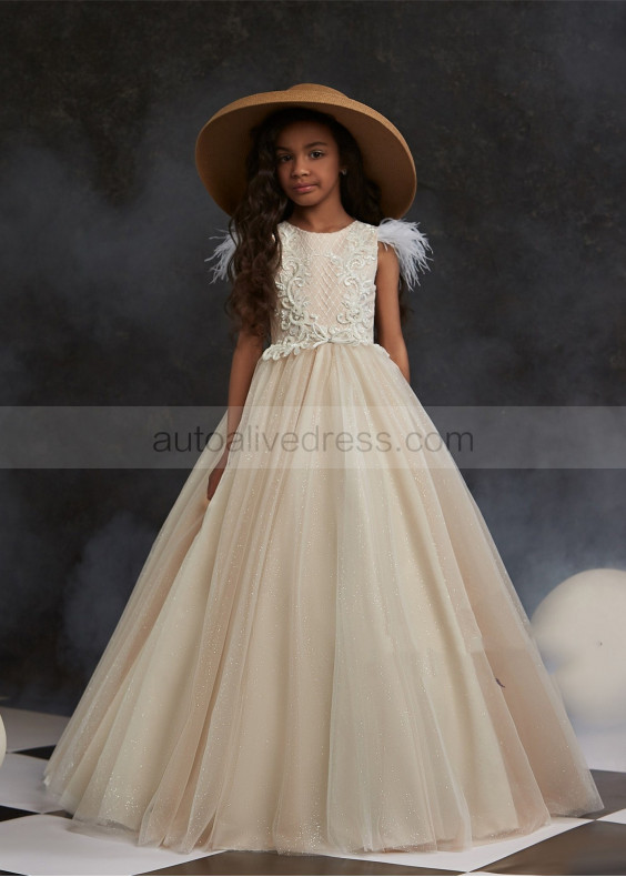 Feather Sleeve Beaded Lace Sparkle Tulle Flower Girl Dress